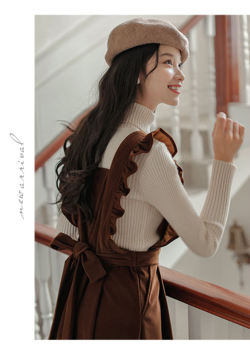 Knit Turtleneck Top + Corduroy Ruffle Pinafore Dress 2pcs Set– The ...