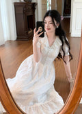 White Lace V Neck Slim Waist Dress