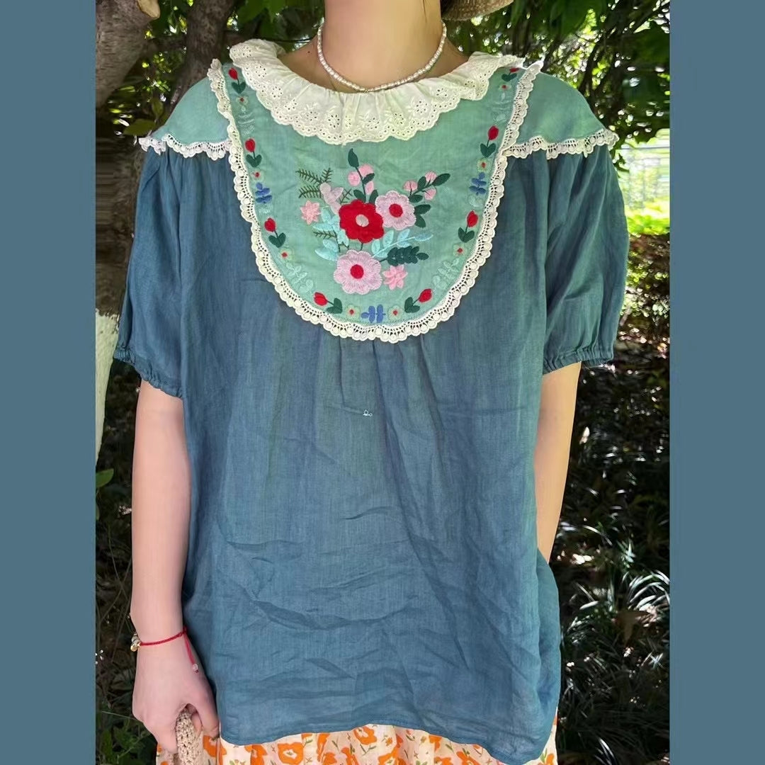 Lace Collar Floral Embroidered Linen Top The Cottagecore