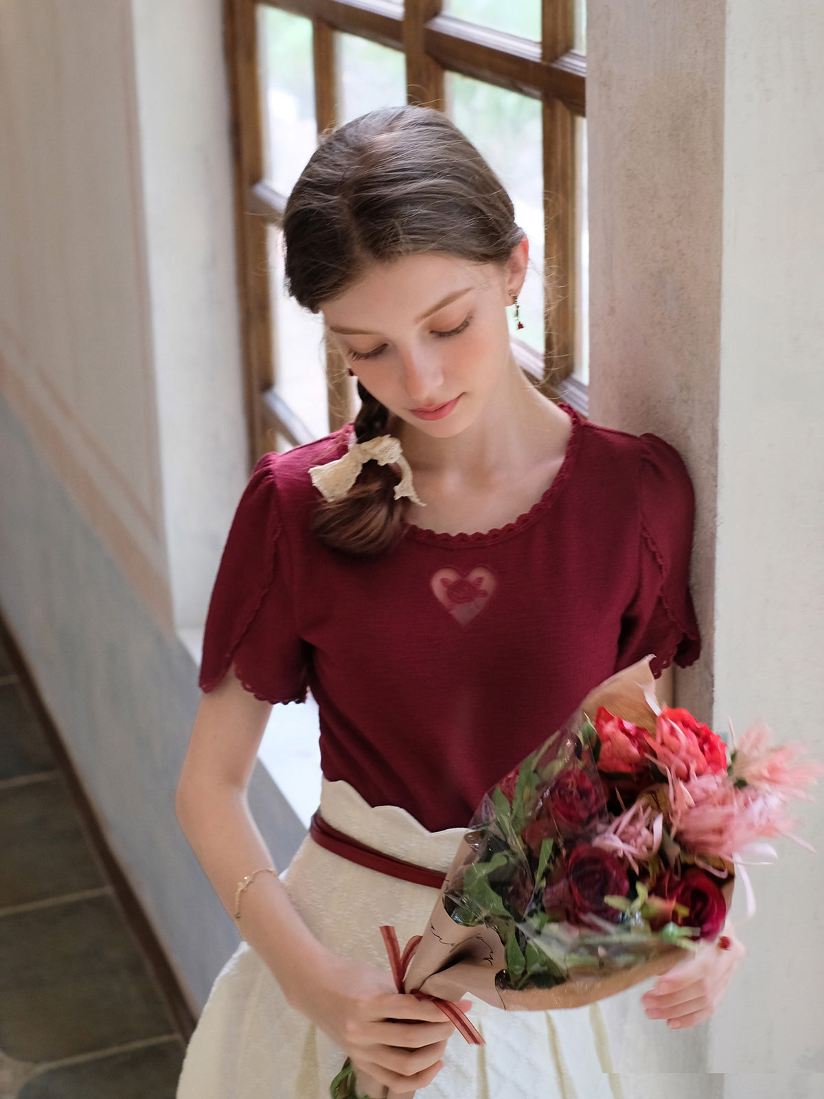 New Rose V Neck Button Patchwork Cotton Shirt Fall