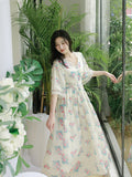 Ramie Lace Trim V Neck Floral Dress