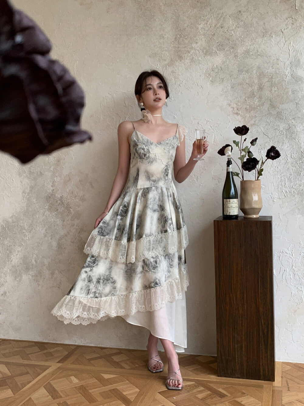 Crystal Trim Structured Bodice Lace-Up Back Dress Taupe