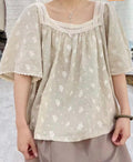 Square Lace Neckline Embroidered Shirt