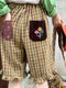 Cute Embroidered Pockets 1/2 Plaid Pants
