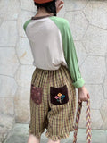 Cute Embroidered Pockets 1/2 Plaid Pants