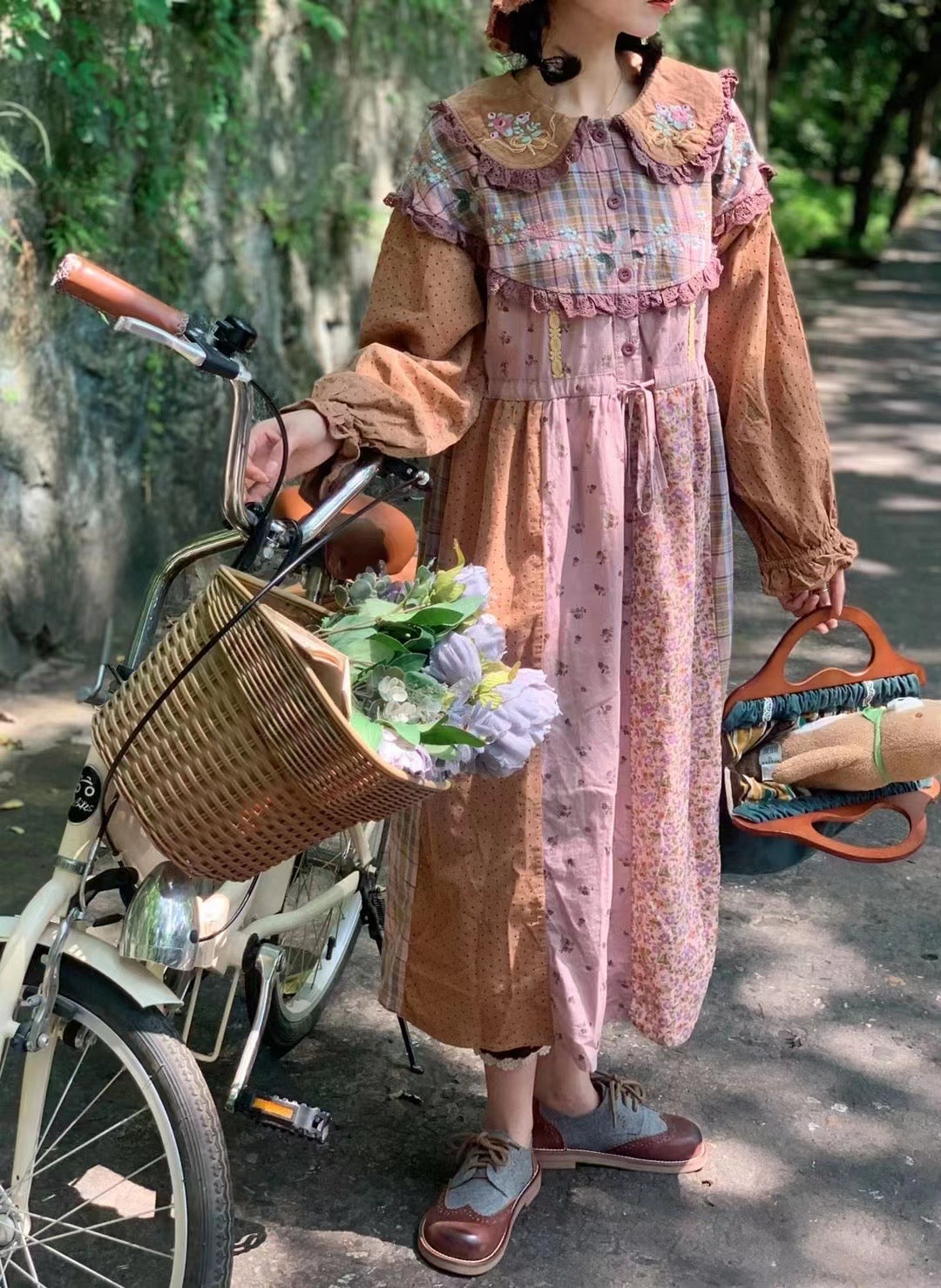 Cute Embroidered Patchwork Drawstring Dress– The Cottagecore