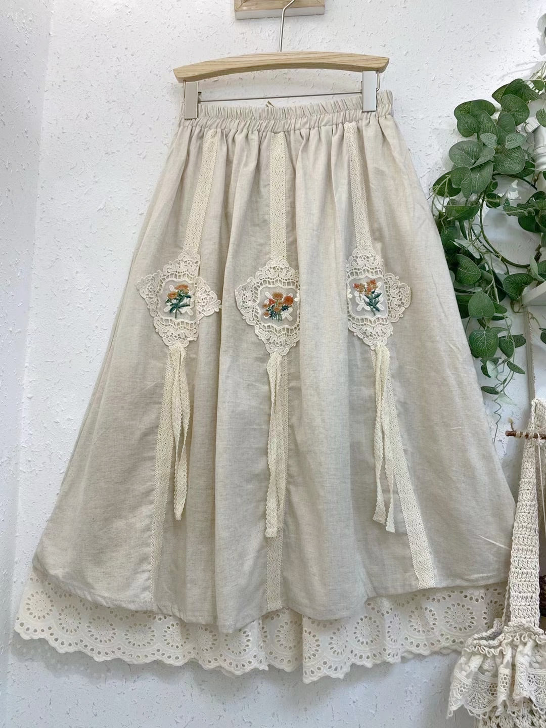 Linen Embroidered Skirt With Lace Hem– The Cottagecore