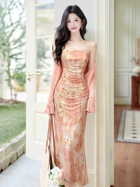French-Style Oil Painting Print Slip Dress 2pcs Set