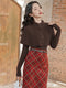 Vintage Caped Knit Top + Plaid Long Skirt 2pcs Set (Belt Included)