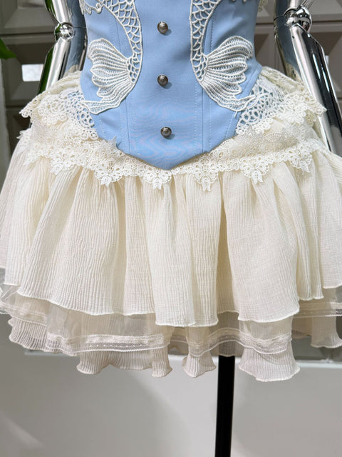 Lace-Trimmed Ruffled Seersucker 2pcs Set - The Cottagecore