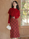 Vintage Caped Knit Top + Plaid Long Skirt 2pcs Set (Belt Included)