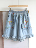 Ruffled Hem Cute Embroidered Denim Shorts