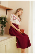 Vintage Floral Lace Blouse + Wine Red Skirt