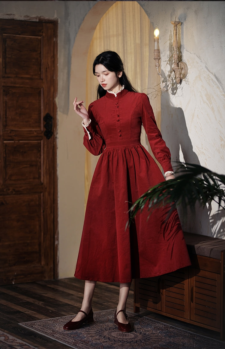 Long-sleeved stand-collar A-line corduroy dress