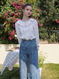 Floral Jacquard Ruffled Top + Vintage Slit Jeans