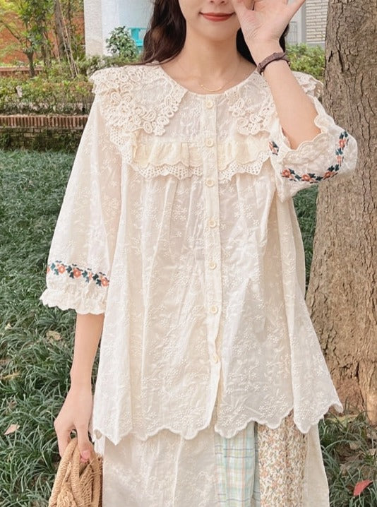 Drawer cotton Lace Cutwork Embroidery Half Sleeve blouse tops 6521-299-1179 white 36