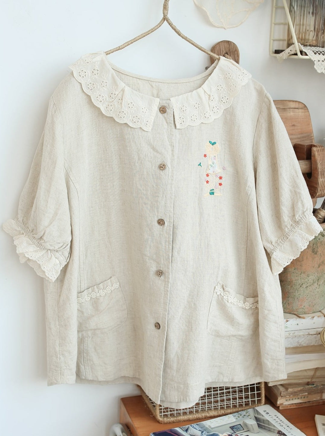 Cute Embroidered Linen Lace Trim Blouse The Cottagecore