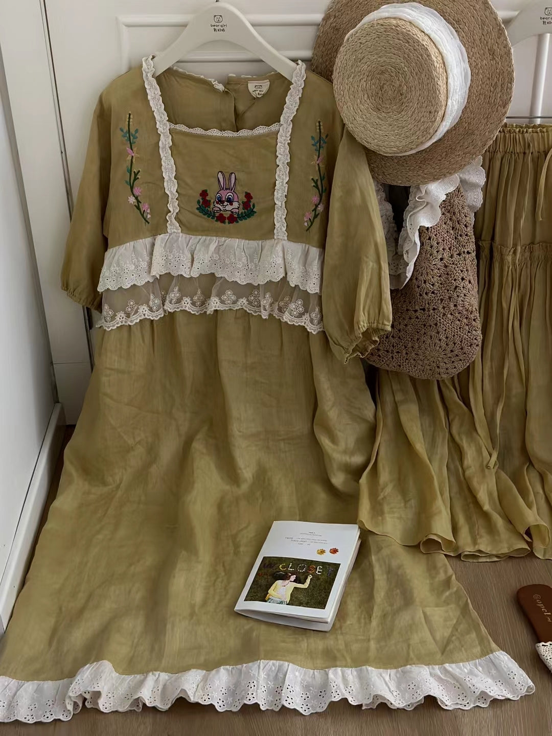 Cute Rabbit Embroidered Linen Dress The Cottagecore