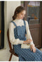 Stand Collar Lace Top + Washed Denim Overall Dress