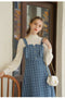 Stand Collar Lace Top + Washed Denim Overall Dress