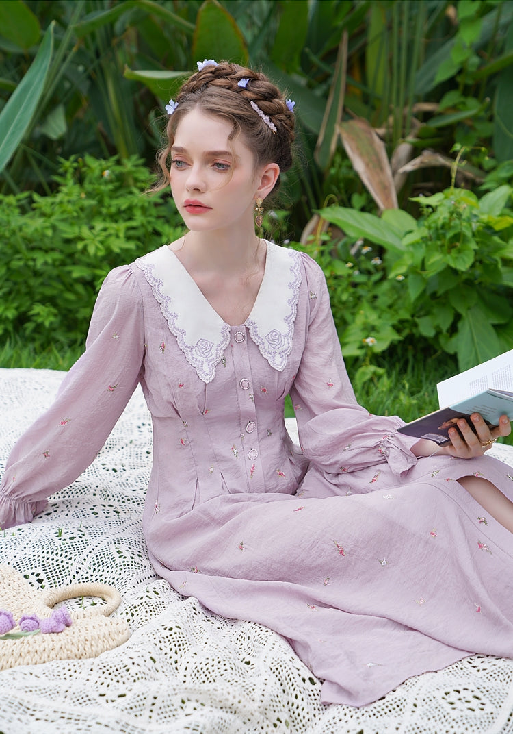 Embroidered Rose Collar Romantic Dress The Cottagecore