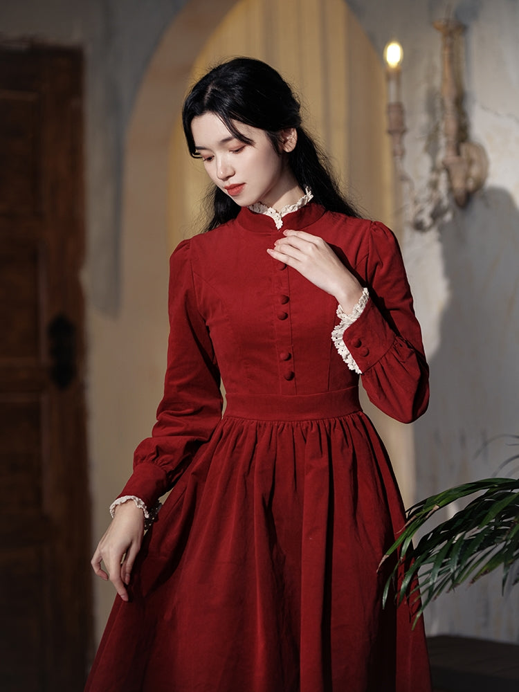 Long-sleeved stand-collar A-line corduroy dress main image 0