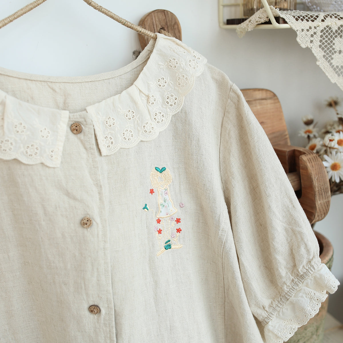 Cute Embroidered Linen Lace Trim Blouse The Cottagecore