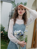 Sheer Chiffon Bottom Top + Floral Denim Pinafore Dress