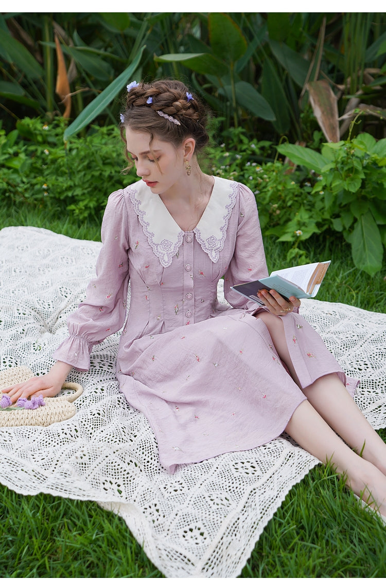 Embroidered Rose Collar Romantic Dress The Cottagecore