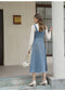 Stand Collar Lace Top + Washed Denim Overall Dress