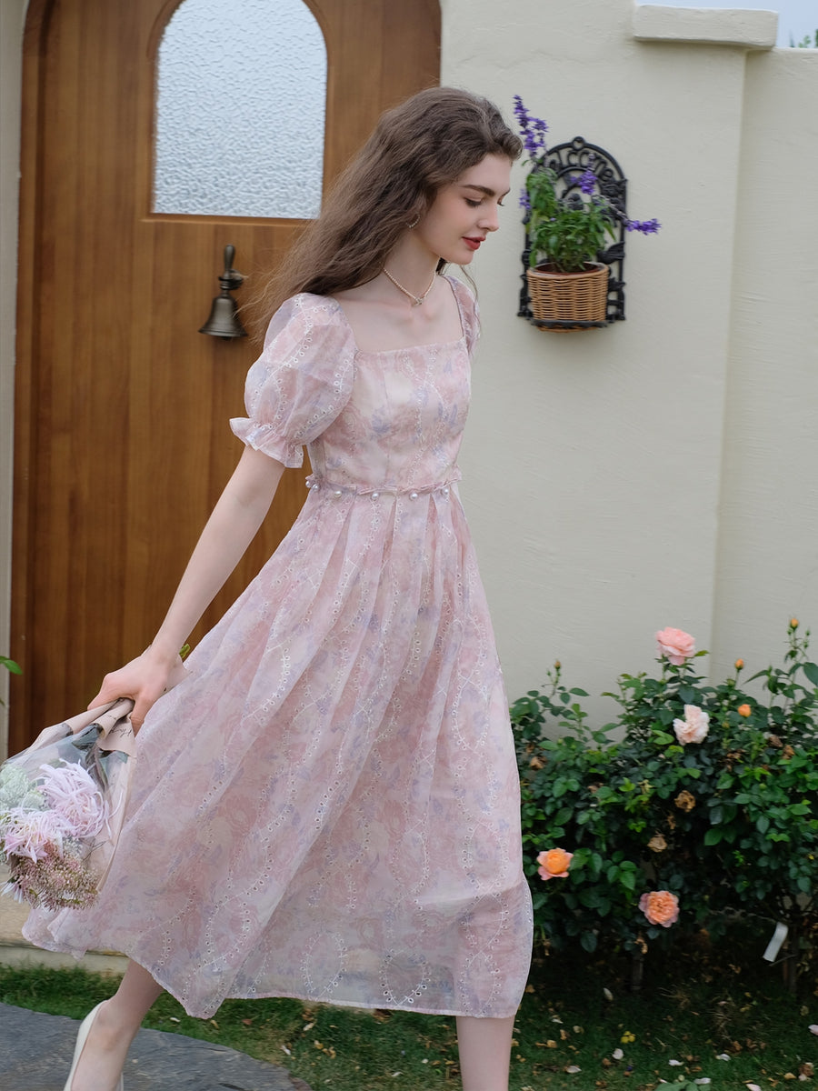 Pink Romantic Beaded Print Dress– The Cottagecore