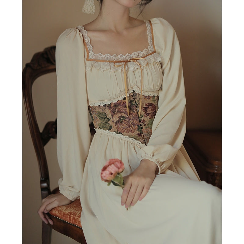 Vintage Painting Corset + Lace High Slim Waist Dress The Cottagecore