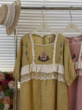 Cute Rabbit Embroidered Linen Dress