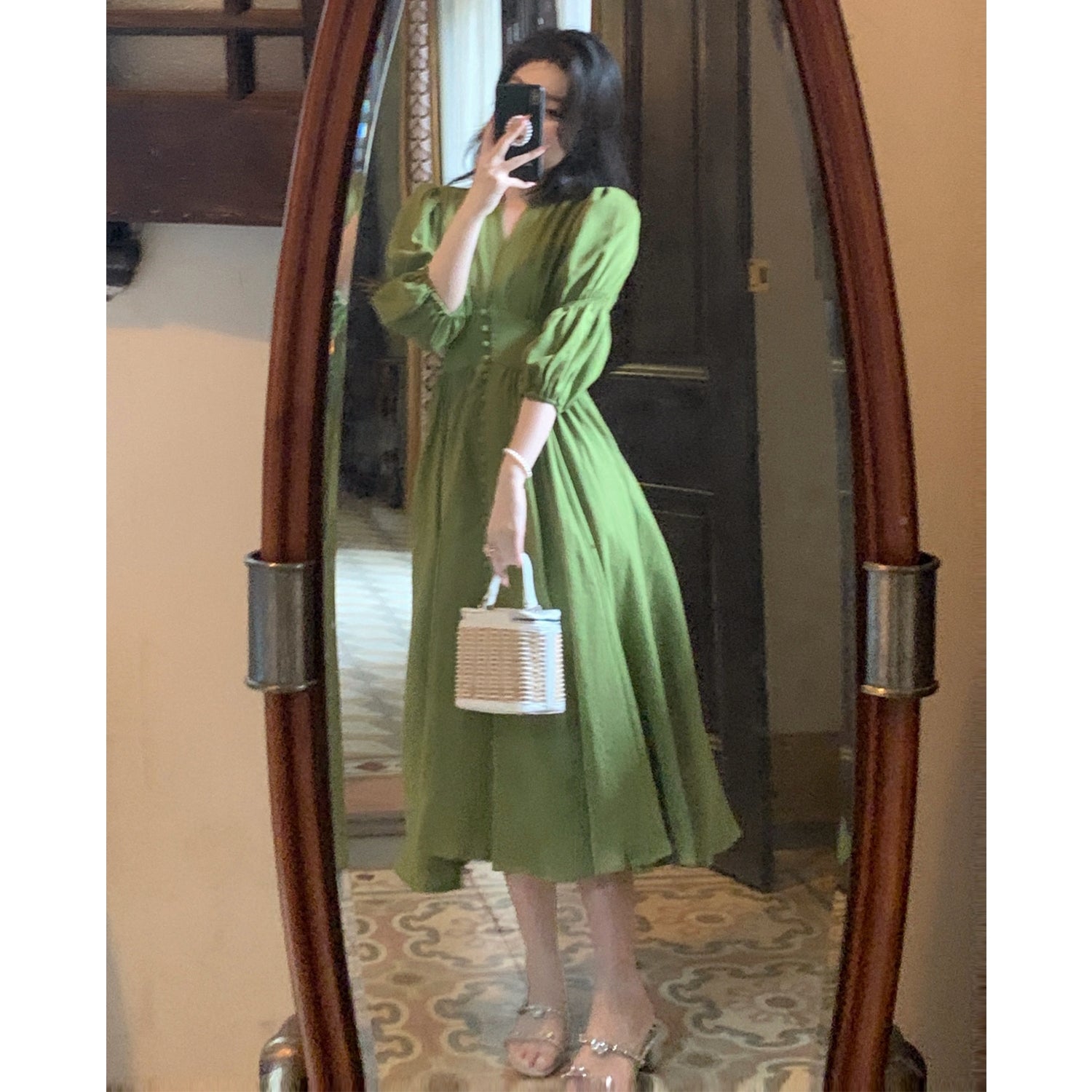 V-Neck High Waist Single-Breasted Green Solid Vintage Women Puff Sleeve Midi Party Dresses