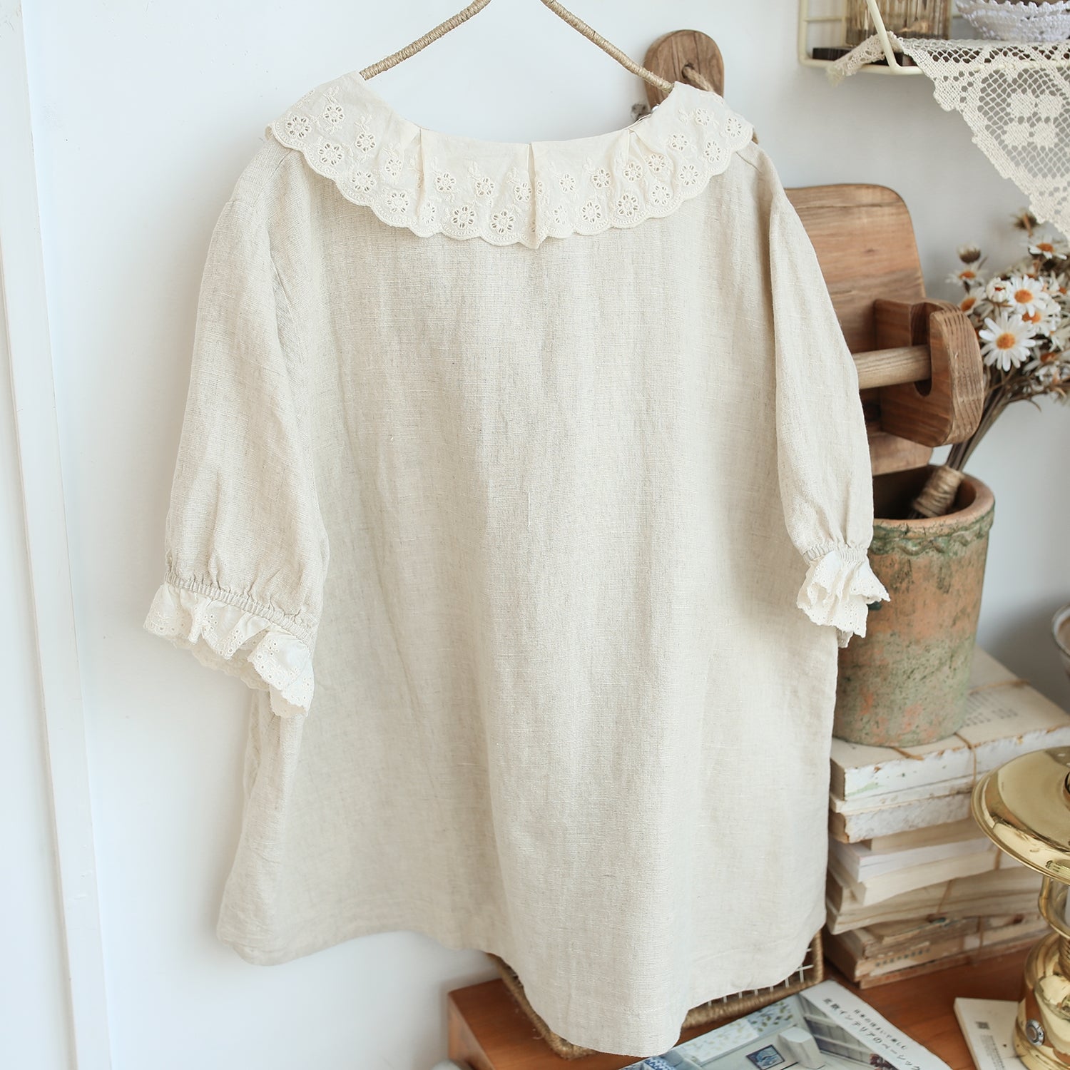 Cute Embroidered Linen Lace Trim Blouse The Cottagecore