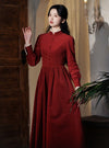 Vintage Red Stand Lace Collar Corduroy Dress