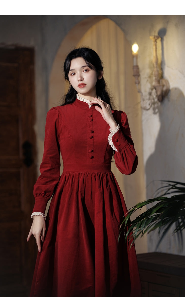 Raspberry Corduroy Dress with Fabric Collar main image 0
