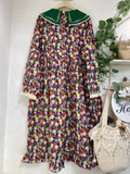 Forest Green Collar Colorful Print Dress