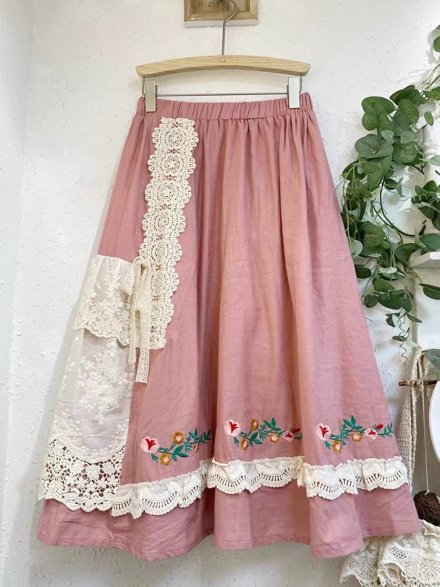 Linen Double-Layered Skirt With Lace Hem