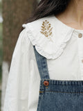 Leaf Embroidered Collar Cotton Blouse