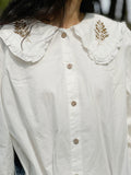 Leaf Embroidered Collar Cotton Blouse