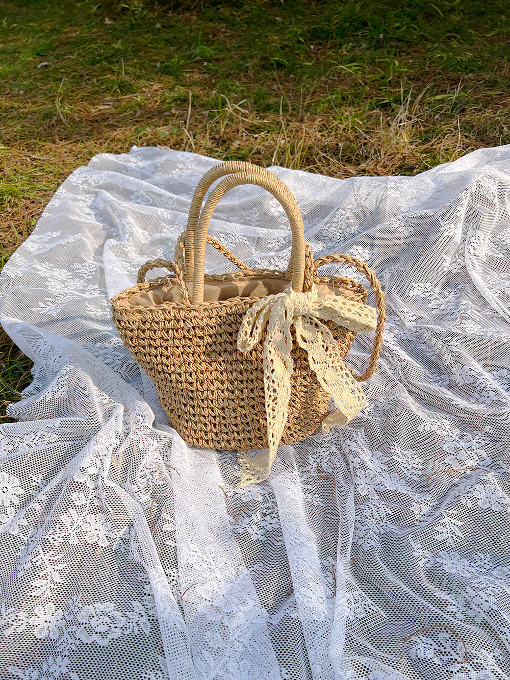 Bead and Ruffle Trim Mushroom Cottagecore Straw Bag