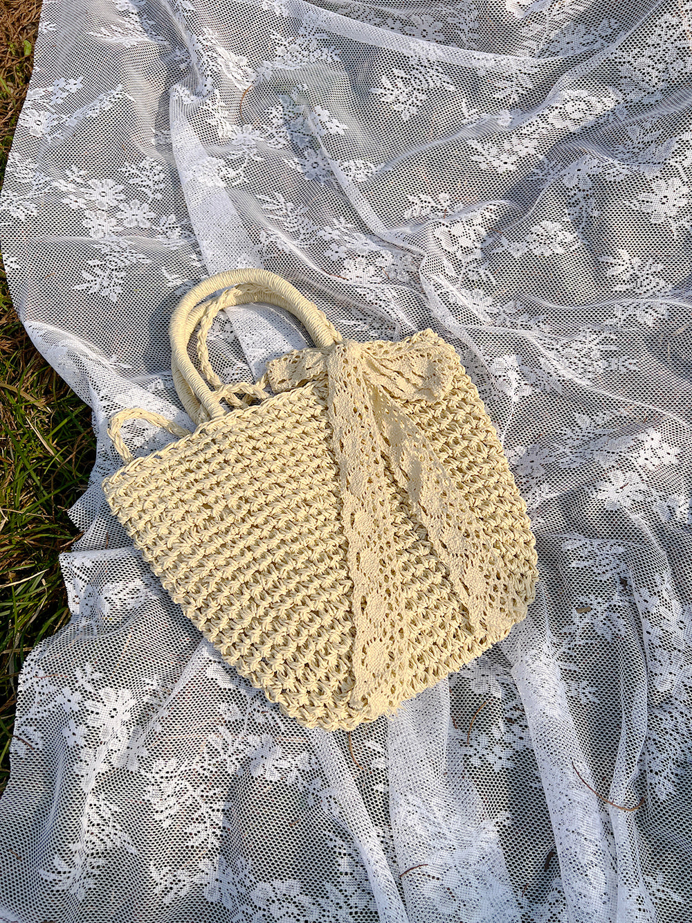 Bead and Ruffle Trim Mushroom Cottagecore Straw Bag main image 1