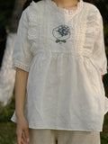 Cute Loose Fit Embroidered Linen Top