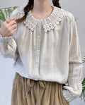Forestcore Crocheted Collar Linen Shirt